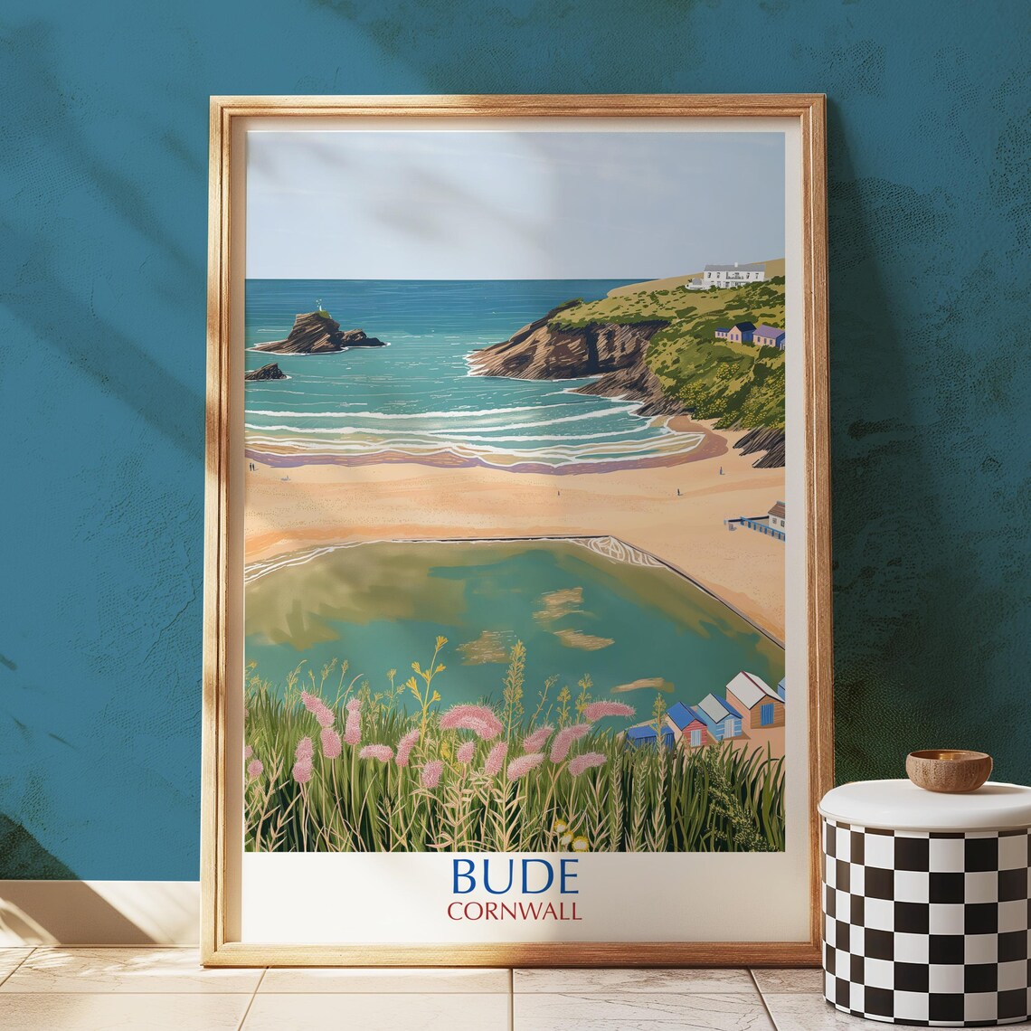 Bude Cornwall Beach Cliffs Sea Pool and Beach Huts Vintage Travel Poster