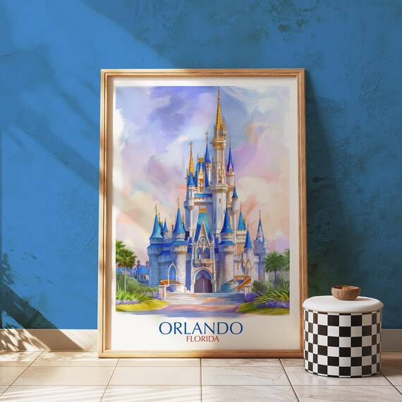 Orlando Florida Fairytale Castle Watercolor Pastel Travel Poster Design
