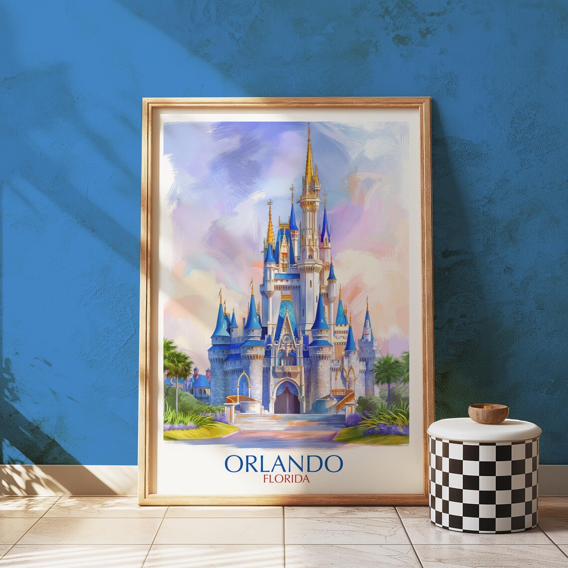 Orlando Florida Fairytale Castle Watercolor Pastel Travel Poster Design