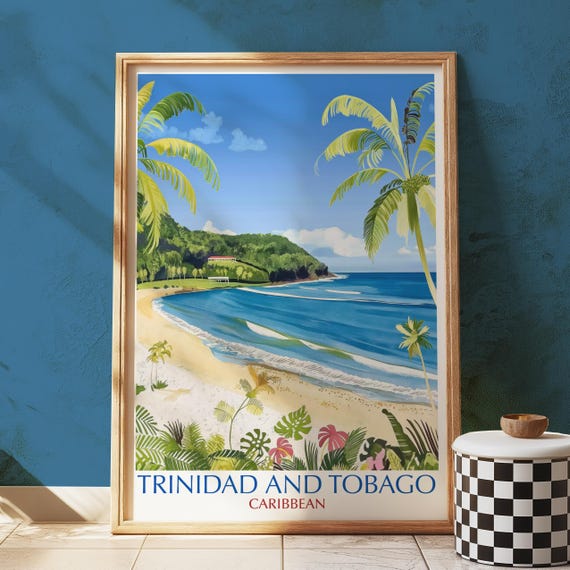 Trinidad And Tobago Wall Art Print Illustrated Caribbean Beach Poster With Palm Trees Ocean Waves Tropical Flowers Island Decor