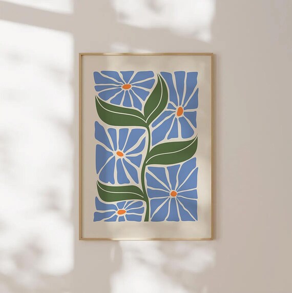 Blue Botanical Matisse Style Floral Poster for Modern Boho Living Rooms