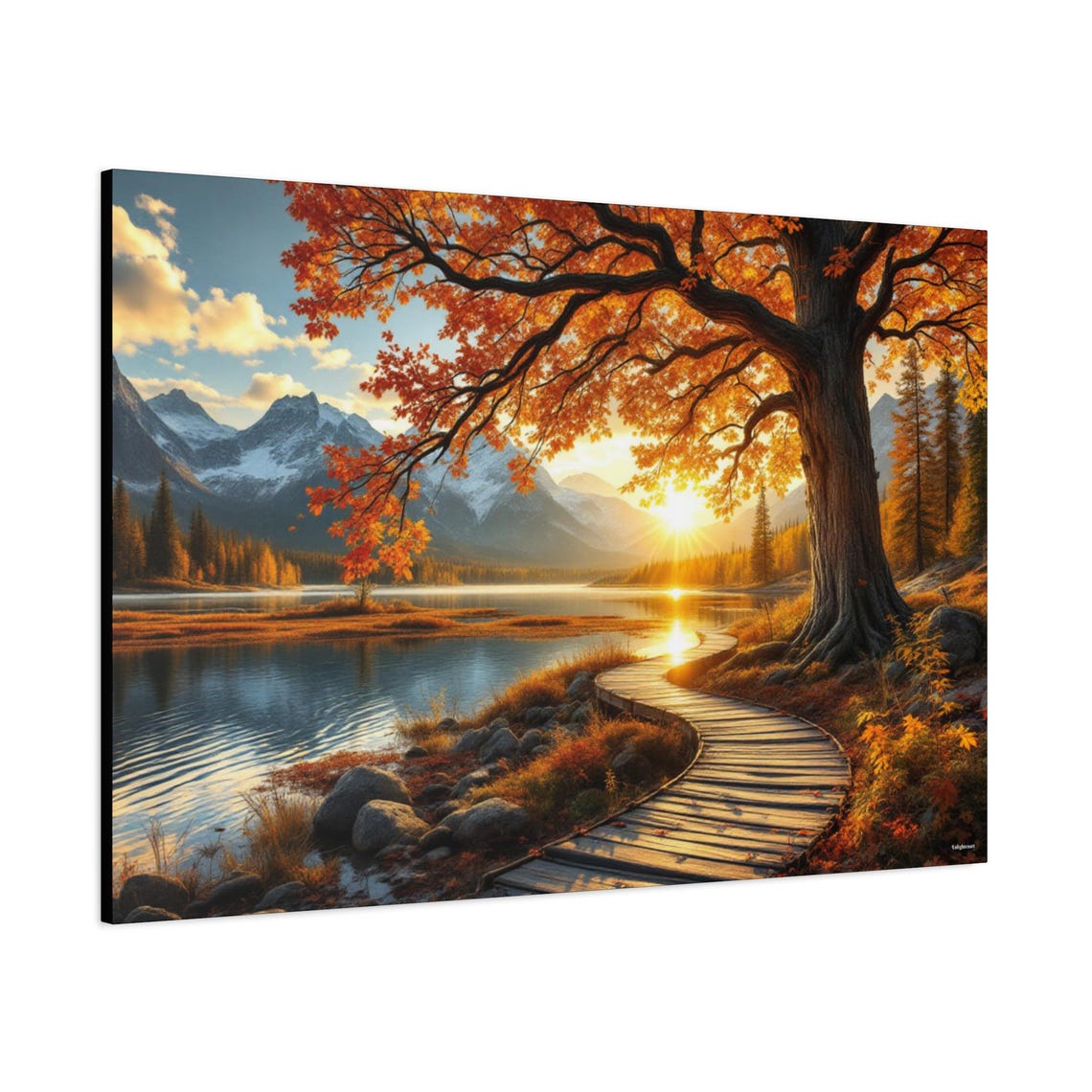Autumn Boardwalk Under A Blazing Orange Tree By A Mountain Lake Poster - Image 2