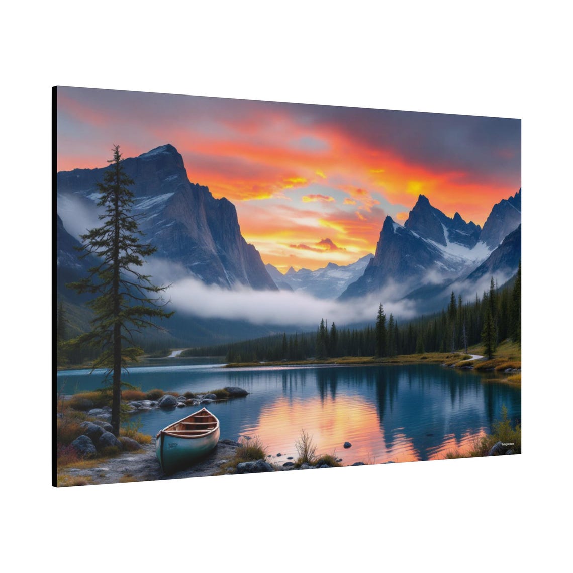 Alpine Mountain Sunset Canoe Lake Fiery Sky Reflection Travel Poster - Image 2