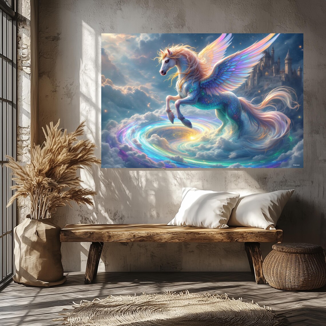 Winged Unicorn Leaping Over Rainbow Aurora Clouds With Castle Fantasy Poster
