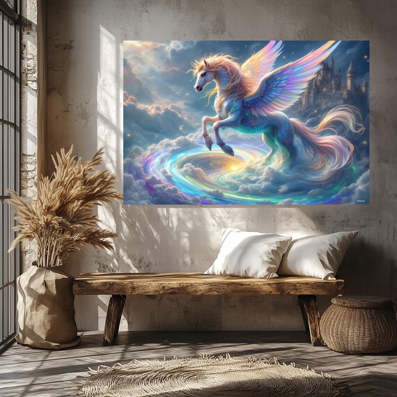 Winged Unicorn Leaping Over Rainbow Aurora Clouds With Castle Fantasy Poster