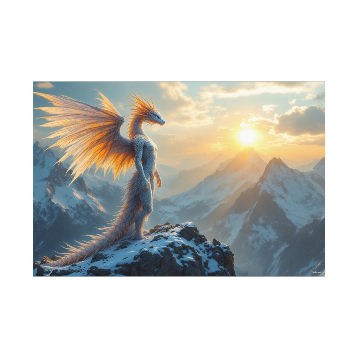Golden Winged Dragon On A Snowy Mountain Peak At Sunrise Fantasy Poster - Image 3