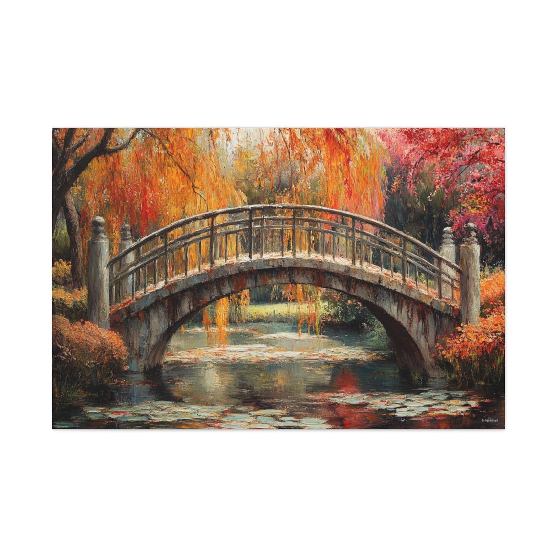 Autumn Willow Stone Arch Bridge Over Lily Pond Garden Art Poster - Image 2