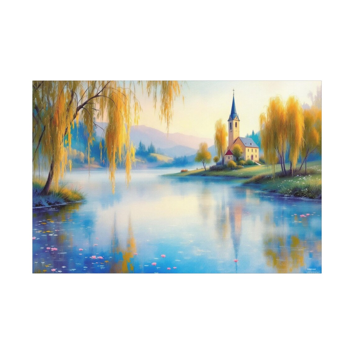 Riverside Village Church Weeping Willows Watercolor Art Poster - Image 3