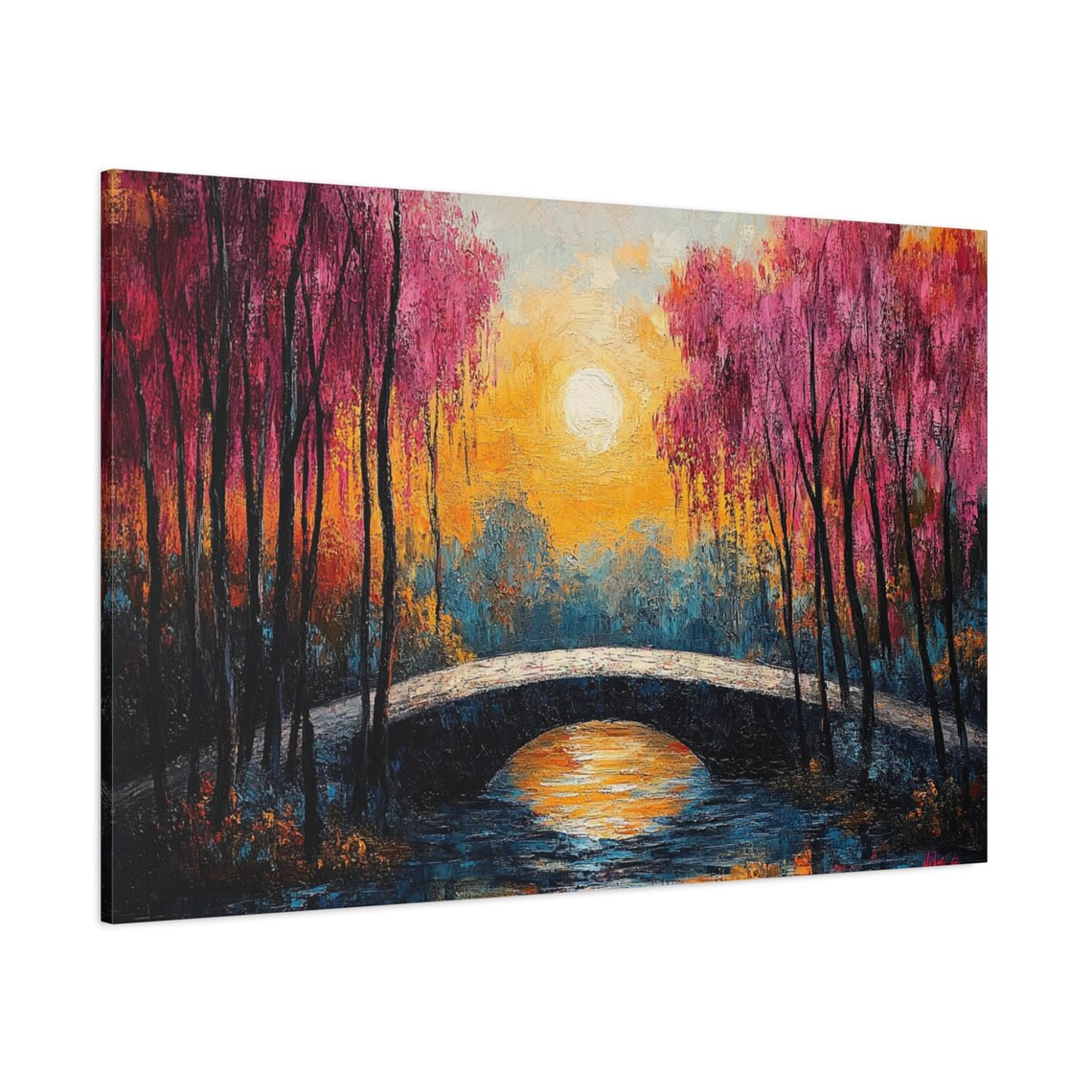 Pink Willow Trees Sunset Bridge Oil Painting River Art Poster - Image 2