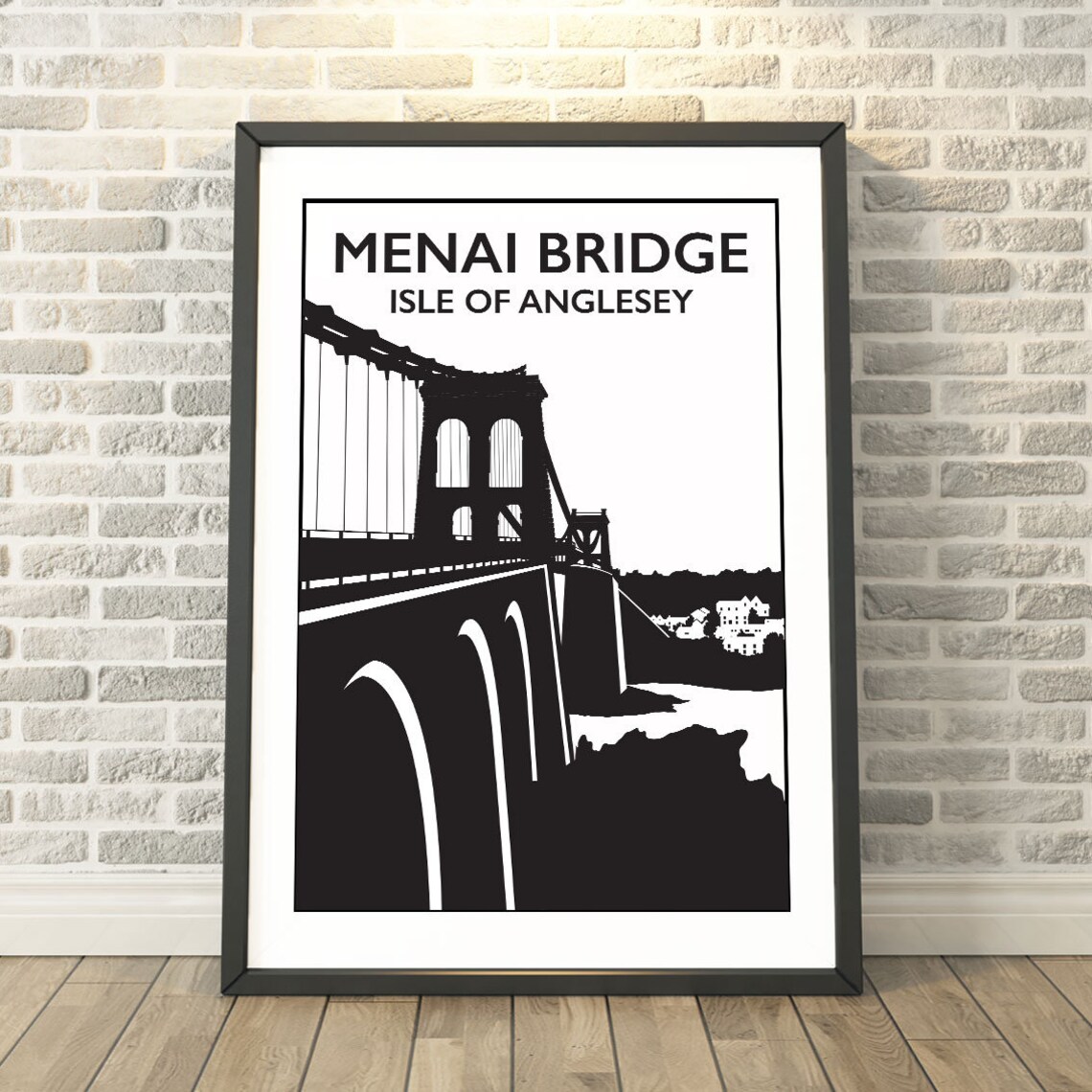 Menai Bridge Isle of Anglesey Landmark Black and White Travel Poster