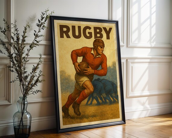 Vintage 1930s Rugby Player Leather Helmet Sports Scene Poster