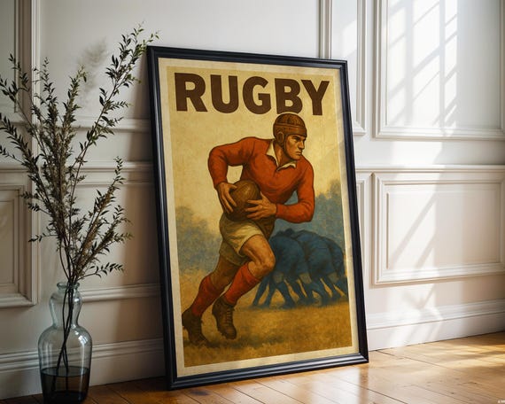 Vintage Rugby Poster 1930s Leather Helmet Player Illustration