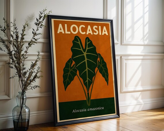 Alocasia Amazonica Retro Botanical Vintage Elephant Ear Leaf Art Poster