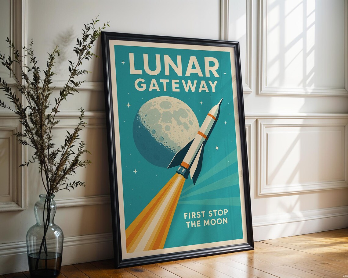 Retro Space Age Moon Poster, Mid-Century Futuristic