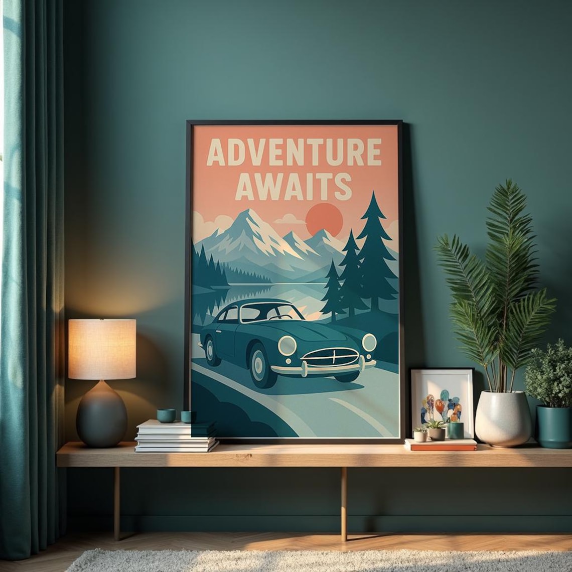Adventure Awaits Retro Car Scenic Mountain Road Vintage Pine Travel Poster