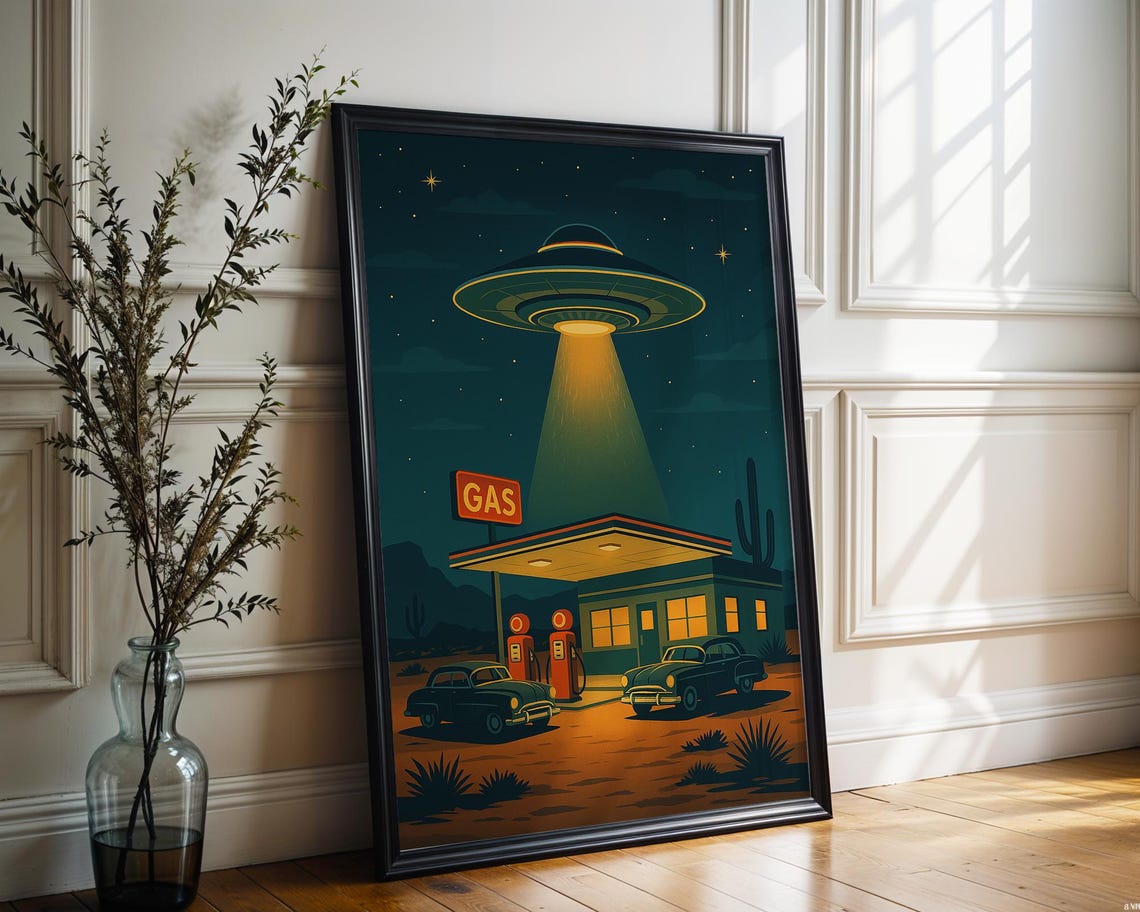 Retro UFO Over Desert Gas Station Night Sci Fi Adventure Poster