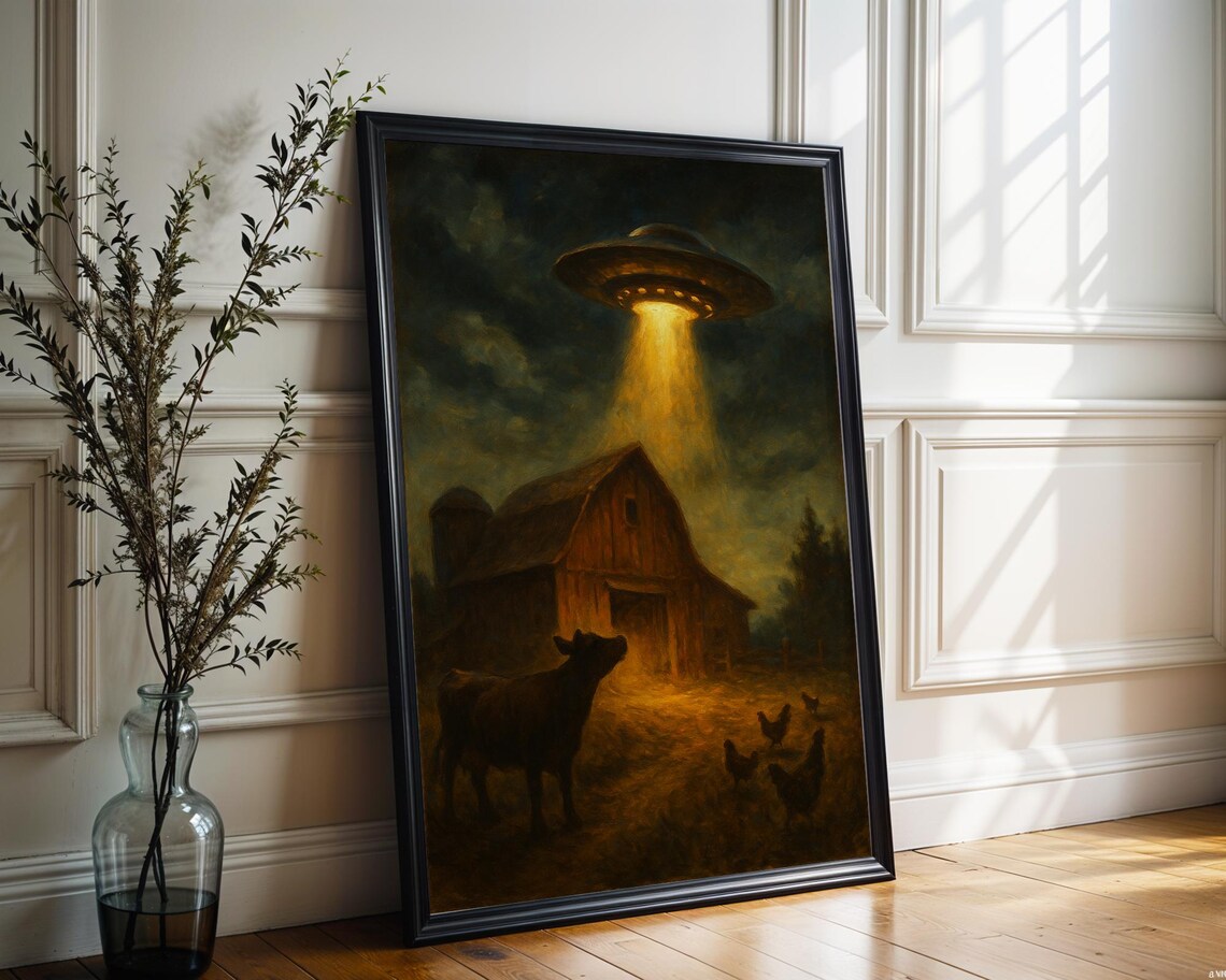UFO Over Red Barn Oil Painting Farm Night Abduction Scene Poster