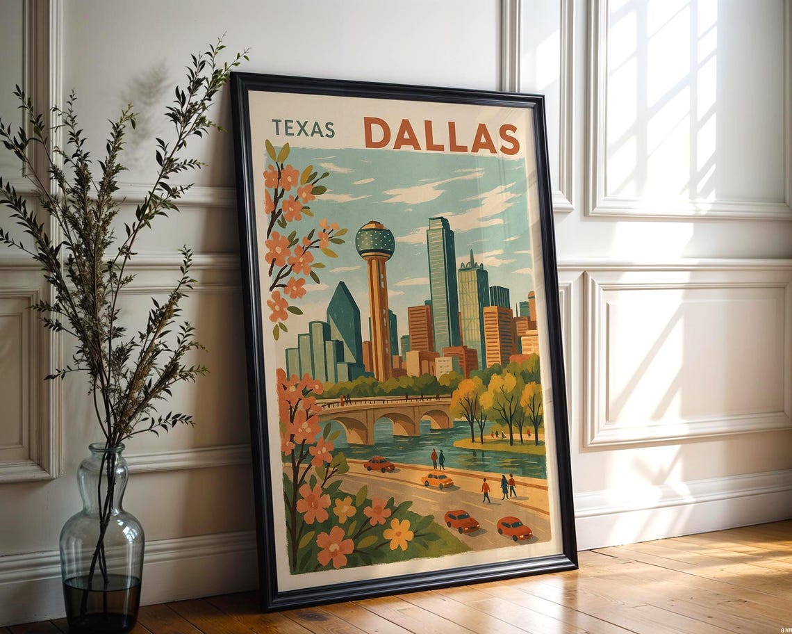 Texas Dallas Skyline Reunion Tower Retro Vintage Travel City Poster