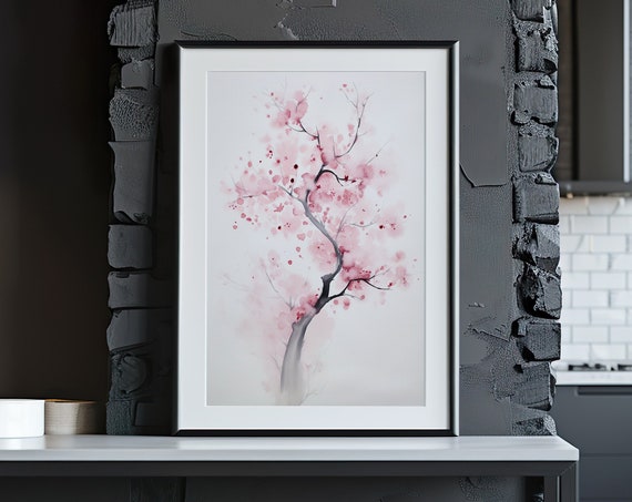 Cherry Blossom Painting Wall Art Poster Gift Watercolor Colorful Painting Illustration Nature Minimalist Decor Nursery Room