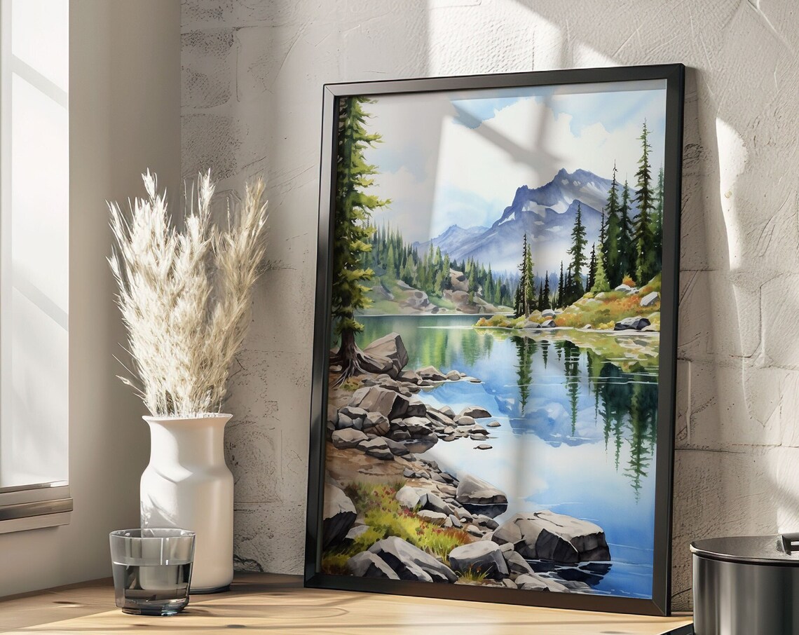 Green Pine Mountain Lake Rocky Shore Summer Watercolor Art Poster - Image 5
