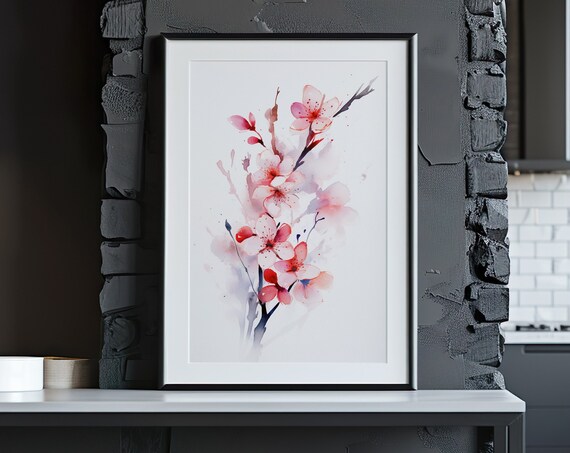 Pink Cherry Blossom Flower Cluster Watercolor Botanical Poster