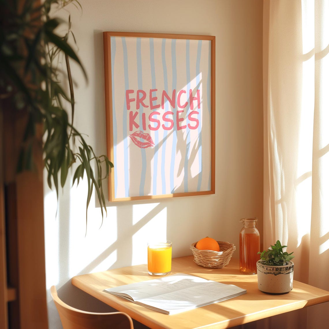 French Kisses Lipstick Kiss Mark Striped Pink Retro Wall Poster - Image 3