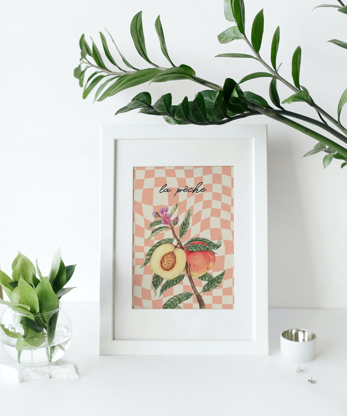 La Pêche Peach French Botanical Retro Checkerboard Art Poster - Image 2
