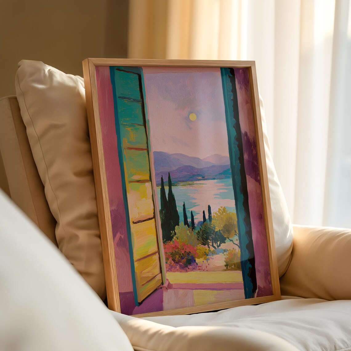 Window View Mountain Lake Cypress Sunset Fauvist Oil Painting Poster - Image 3