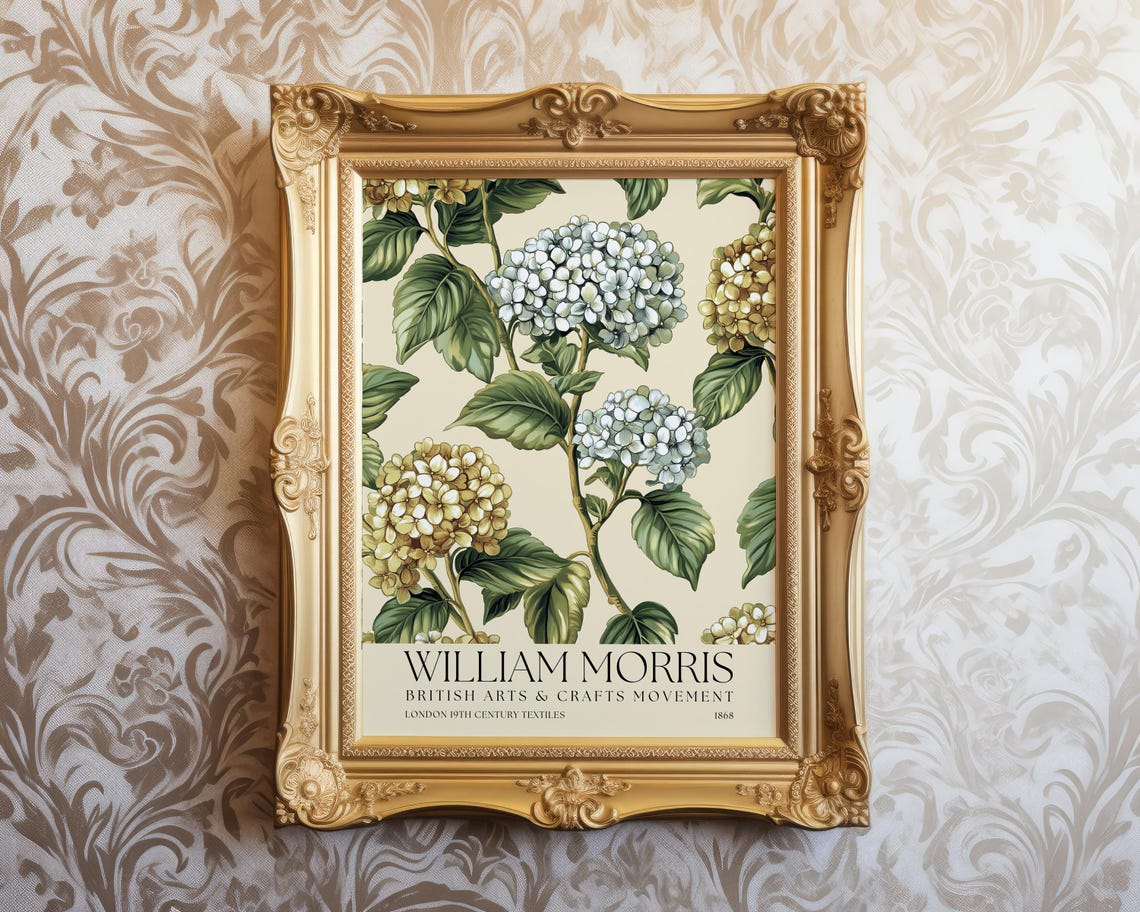 William Morris Hydrangea Blossoms Blue Gold Floral Exhibition Poster - Image 2