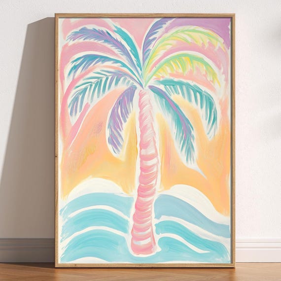 Pastel Palm Tree Print Whimsical Hand Painted Art Cute Tropical Wall Decor Painterly Coastal Soft Pink Green Blue Home Summer