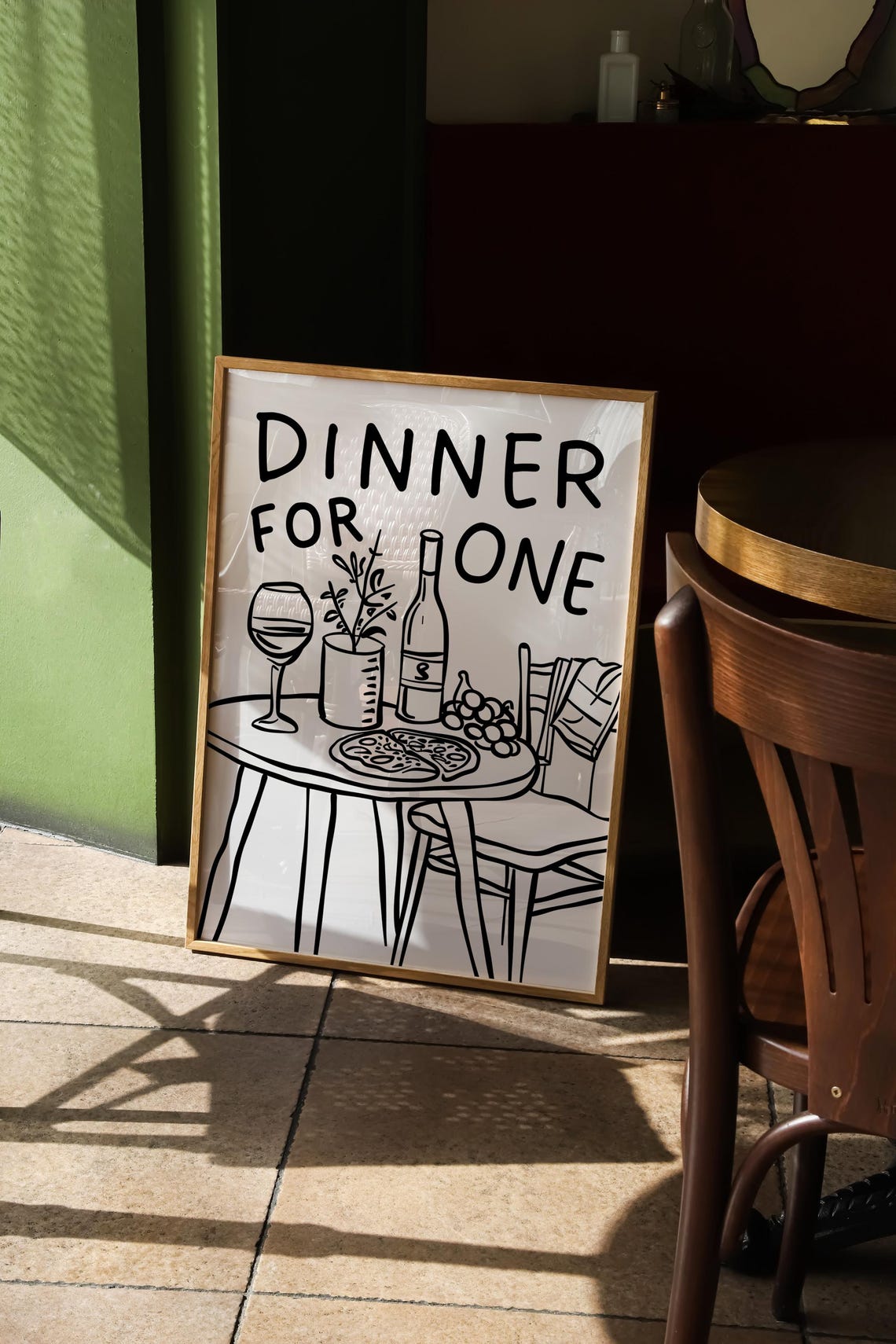 Dinner for One Funny Solo Dining Wine and Pizza Sketch Poster - Image 4