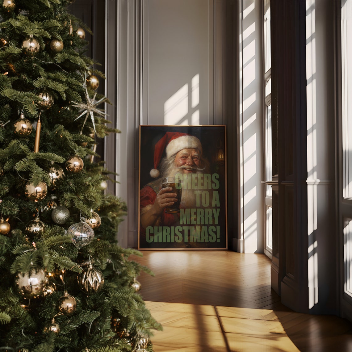 Cheers To A Merry Christmas Santa Claus Beer Funny Vintage Poster - Image 4