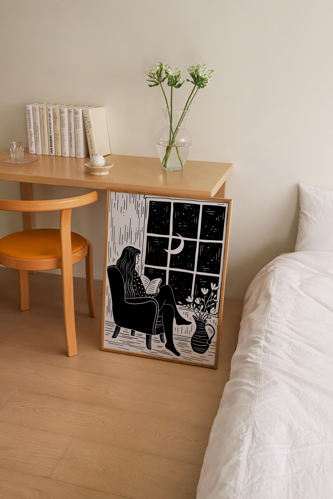 Girl Reading Book Illustration Art Print, Moon Night Sky - Image 3