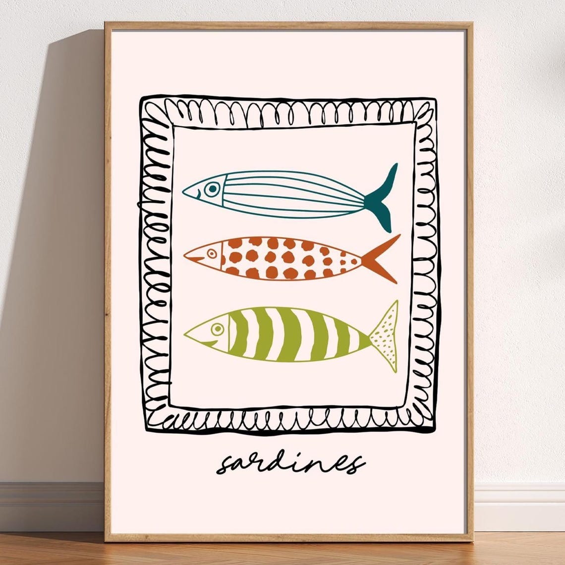 Hand Drawn Sardine Trio Whimsical Fish Illustration Kitchen Poster