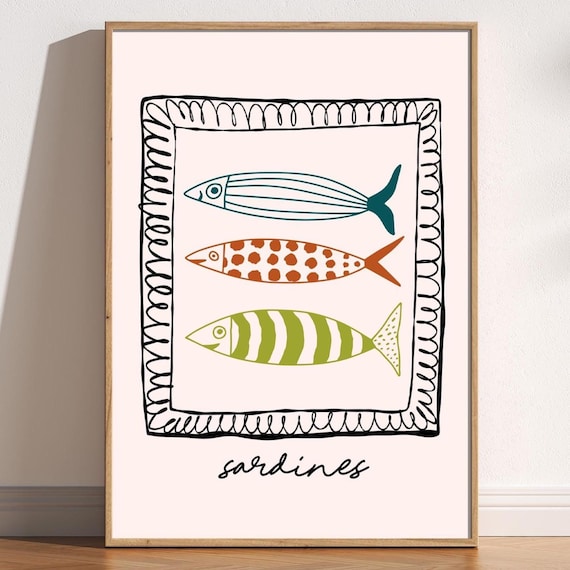 Sardine Wall Art Print Retro Kitchen Fish Poster Funky Coastal Decor Whimsical Seafood Illustration Mid Century Modern Style Artwork