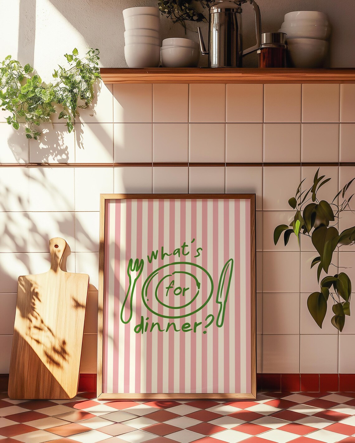 What Is For Dinner Quote Pink Green Striped Playful Food Poster - Image 2