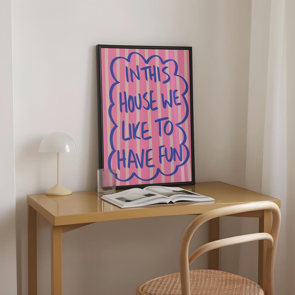 In This House We Like To Have Fun Pink Striped Quote Wall Poster - Image 2