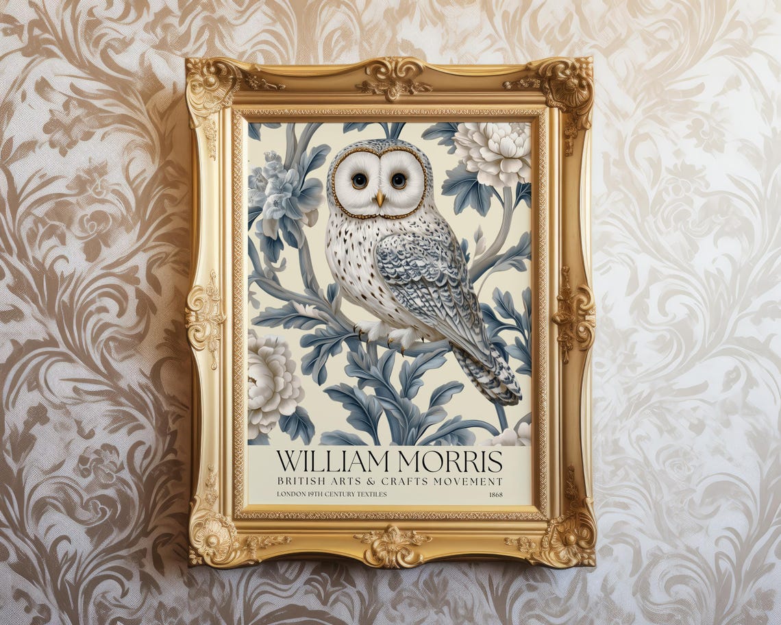 William Morris Owl Blue Floral Vintage Botanical Style Poster - Image 2