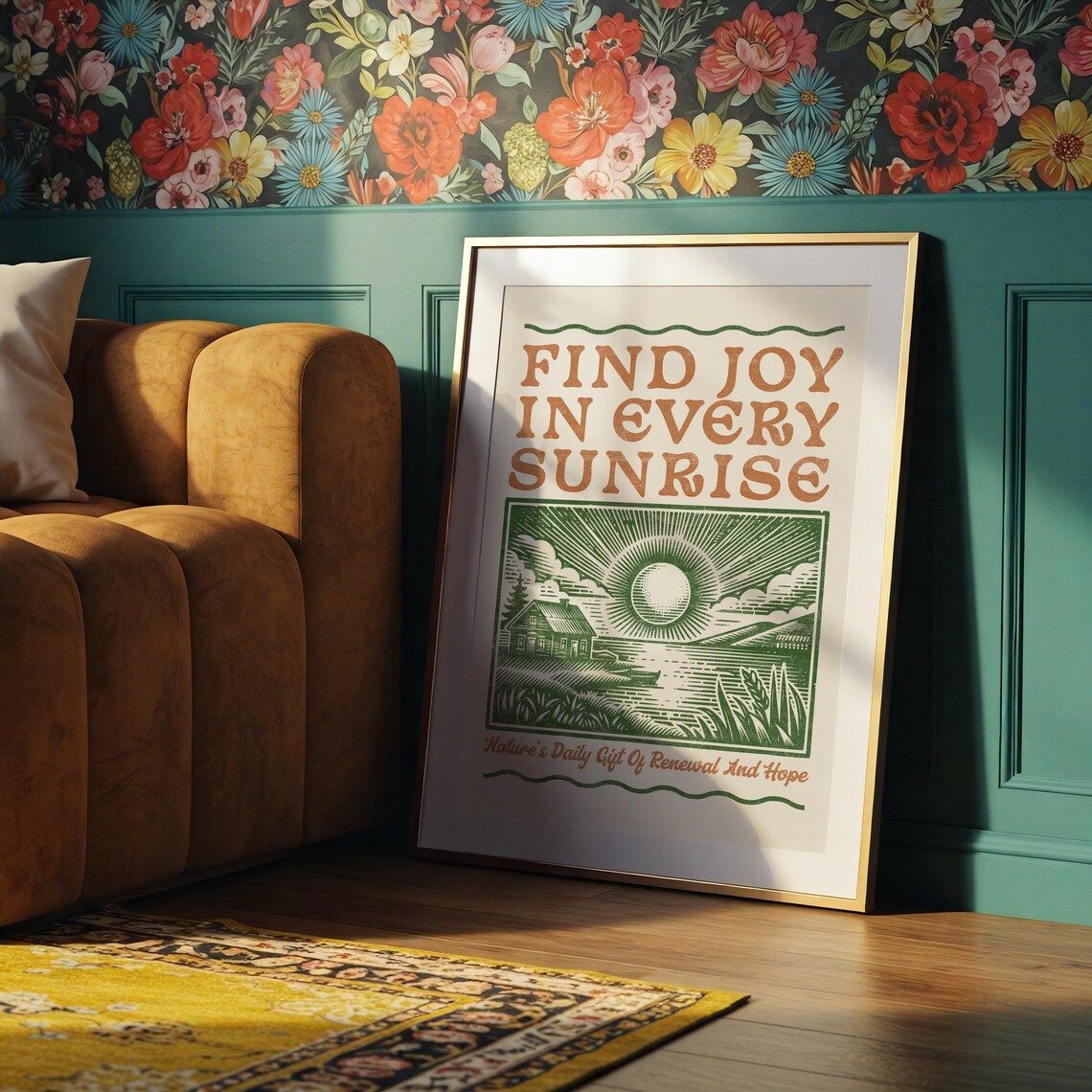 Vintage Sunrise Quote Art Print, Rustic Woodcut Style - Image 2