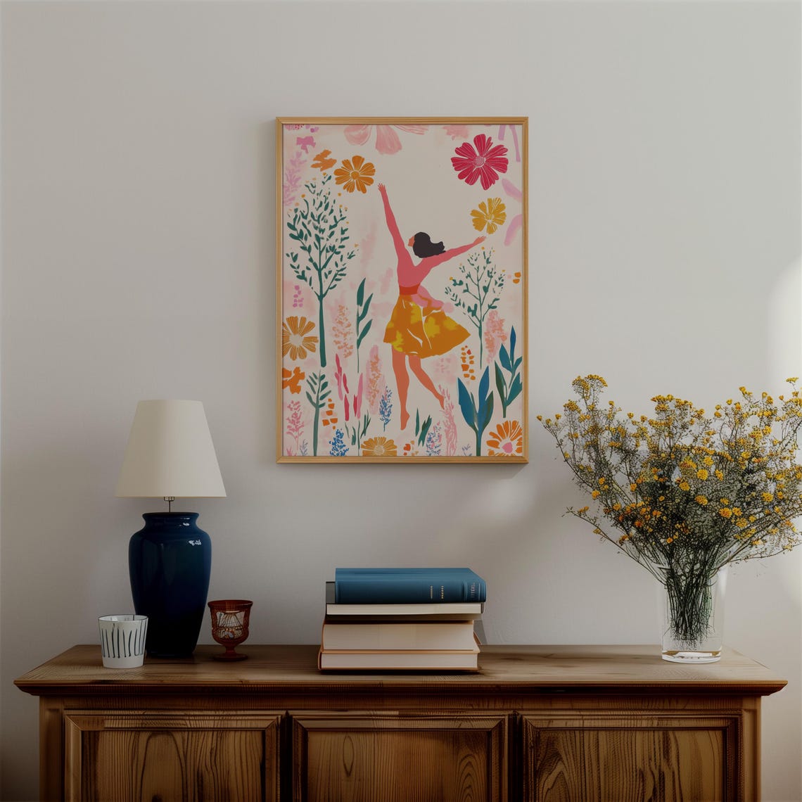 Abstract Art Print Of Dancing Woman With Flowers Pink Peach Red Fauvism Painting Matisse Style Delicate Florals Blooms Female Figure - Image 2