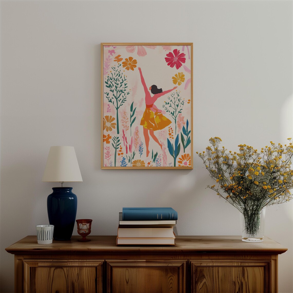 Joyful Dancing Woman Flower Garden Whimsical Illustration Poster - Image 2