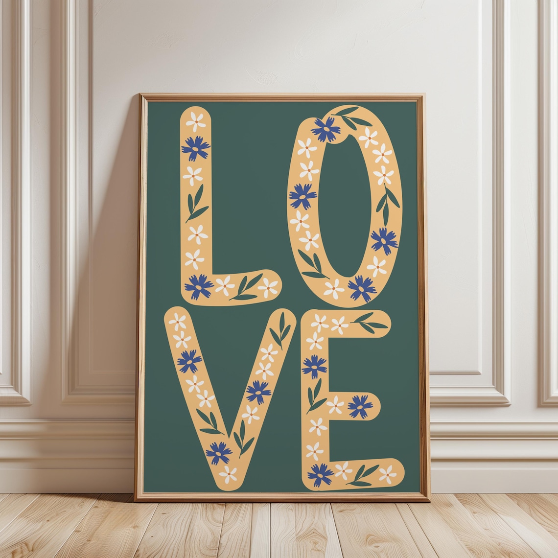 LOVE Floral Letter Boho Typography Green Gold Retro Wall Art Print