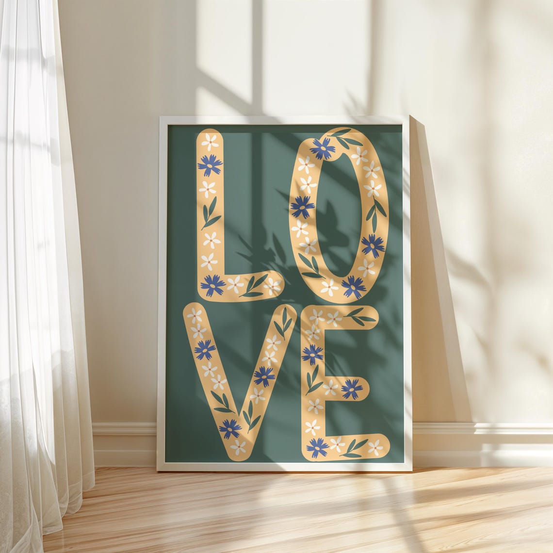 LOVE Floral Letter Boho Typography Green Gold Retro Wall Art Print - Image 3
