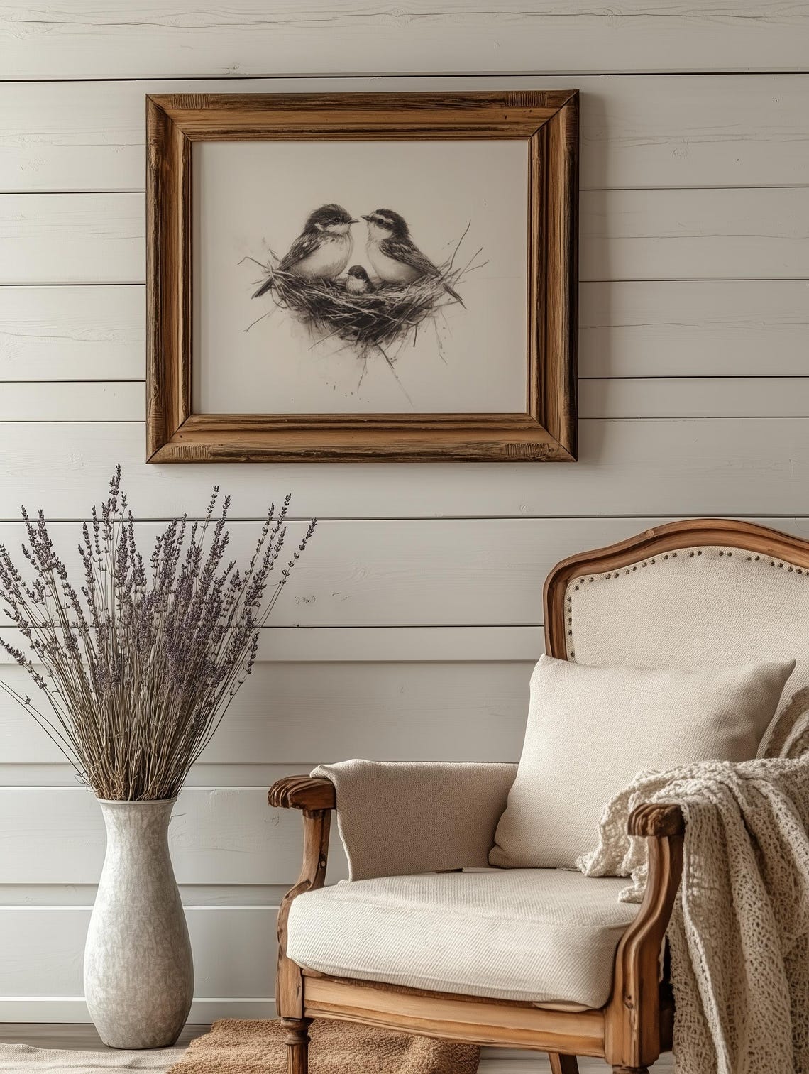 Bird Nest Pencil Sketch, Baby Birds Nursery Art - Image 2