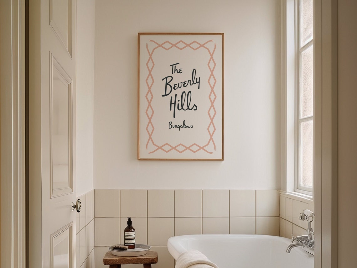 The Beverly Hills Bungalows Script Pink Border Hotel Sign Wall Art