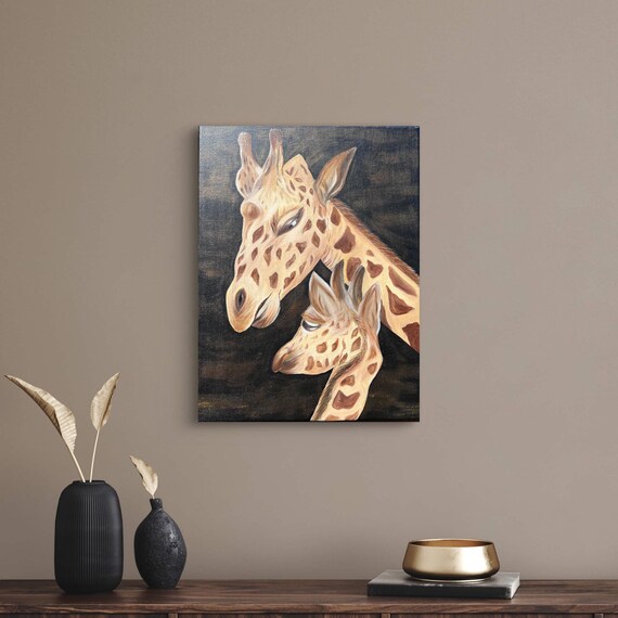 Giraffe Mother And Baby Tender Wildlife Oil Painting Wall Poster