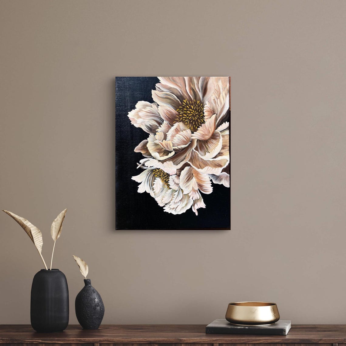 White Peony Flower Close Up On Black Elegant Botanical Painting Poster