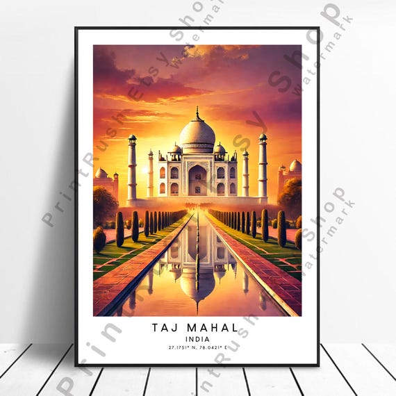 Taj Mahal India Illustration Art Print Travel Poster Artwork Wall Monument Decor Hanging Gift