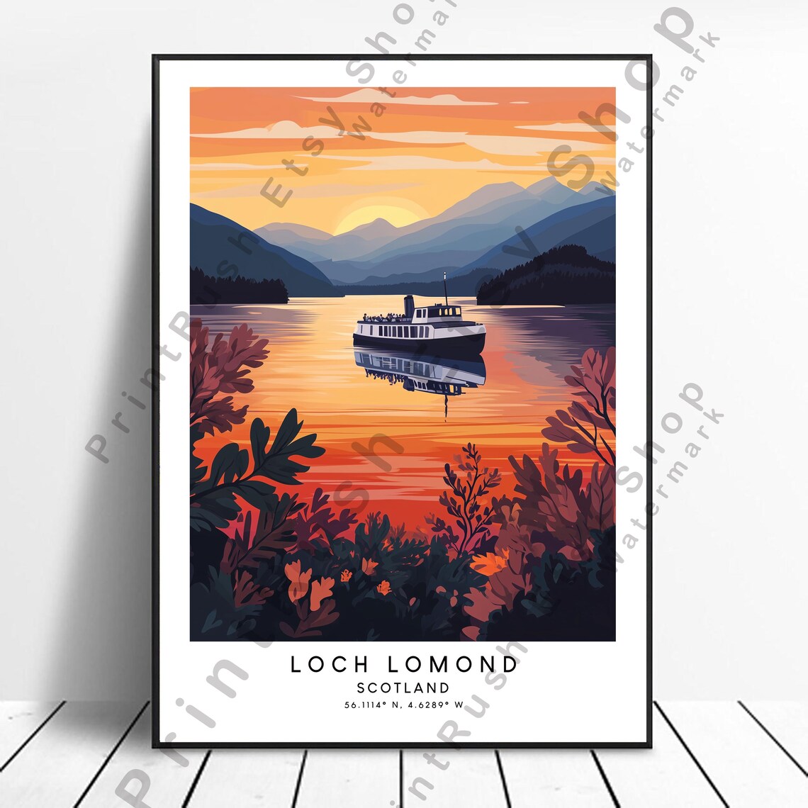 Loch Lomond Scotland Vintage Steamer Boat Sunset Travel Poster