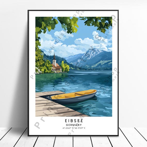 Eibsee Lake Travel Print Wall Art Poster Illustration Germany Gift
